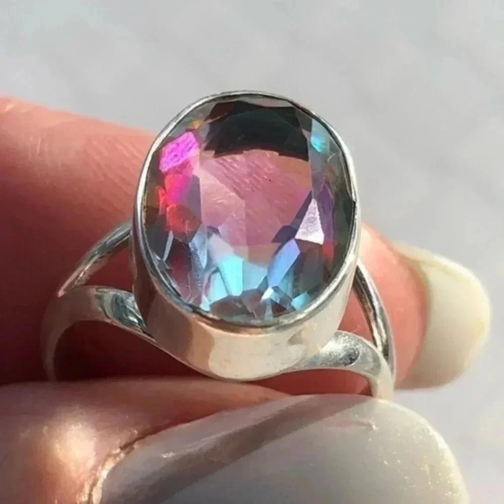 Radiant Rainbow Mystic Quartz Solid 925 Sterling Silver Ring NWT
